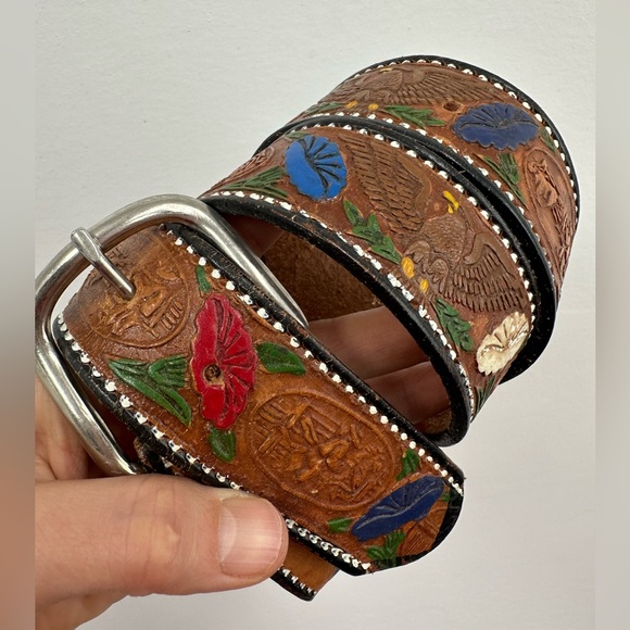 Vintage Western Brown Tooled Leather Belt Made in Mexico Hand Painted Size M - Picture 4 of 12